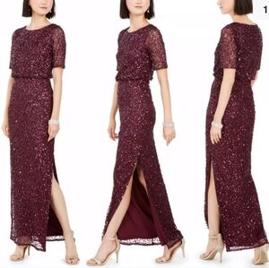 Adrianna Papell Beaded Long Blouson Dress Cassis 8 NWT